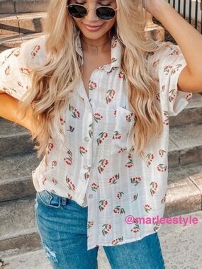 VICI Cherry Print Button Down Blouse Cottagecore Spring Top Size S